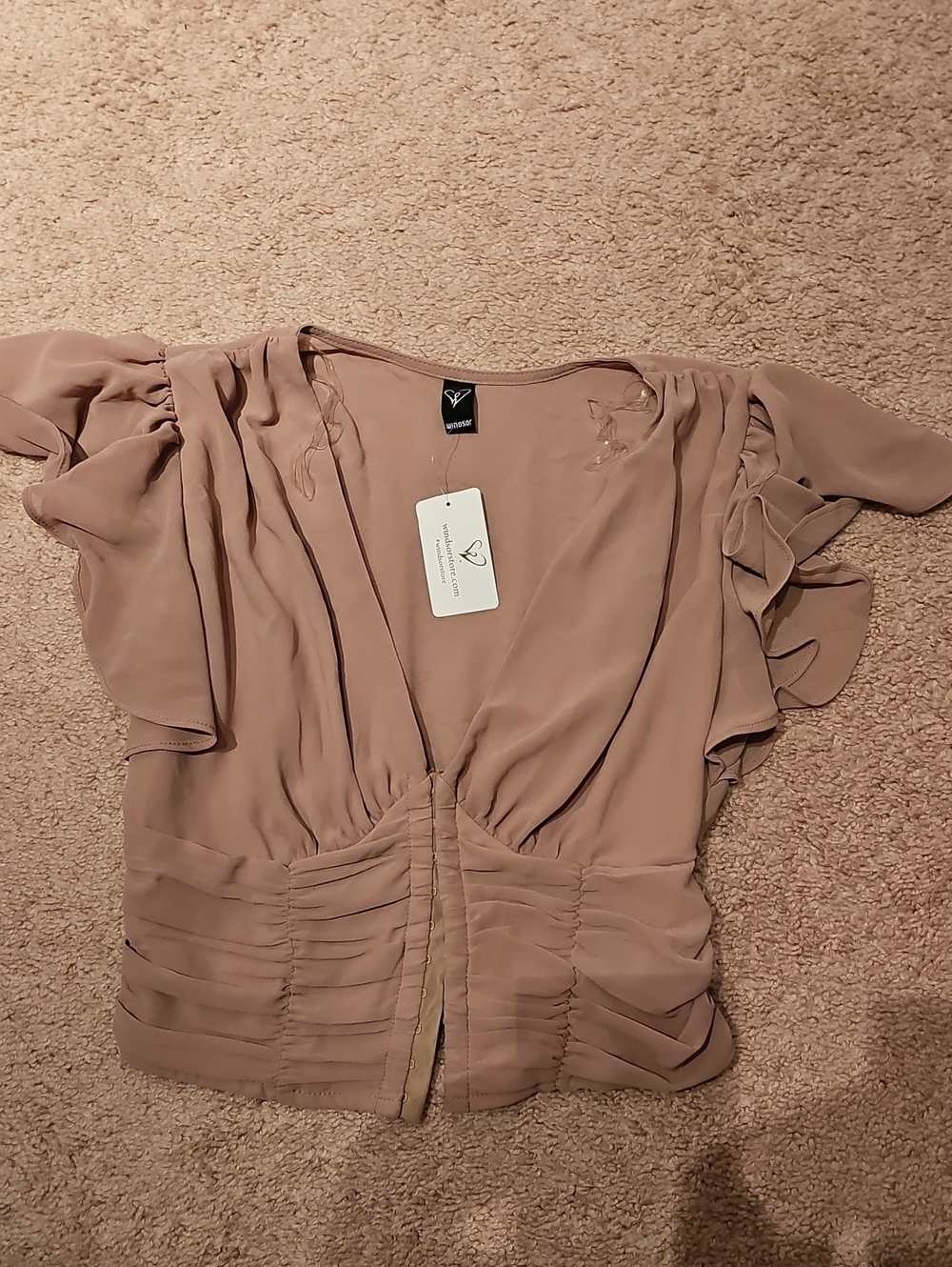 Windsor Dusty Rose V-Neck Ruching Flutter Sleeve Blouse